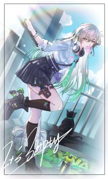 1girl absurdres bag black_cat black_shoes black_skirt black_socks blonde_hair blowing_bubble_gum blue_sky breasts cat chewing_gum commentary day gradient_hair green_hair hair_ornament highres id_card kneehighs large_breasts long_hair looking_at_viewer looking_to_the_side lynae_(wuthering_waves) multicolored_hair outdoors purple_eyes roller_shoes school_bag shirt shirt_tucked_in shoes skirt skull_hair_ornament sky socks solo spray_can sqkysama02 turning_head white_bag white_shirt wuthering_waves