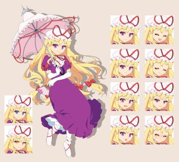 4rion absurdres blonde_hair blue_eyes bow brown_background closed_mouth commentary_request dress elbow_gloves folding_fan frilled_dress frills full_body gloves hair_bow hand_fan hat hat_ribbon highres holding holding_fan holding_umbrella long_hair looking_at_viewer mob_cap multiple_expressions multiple_hair_bows parasol purple_dress purple_eyes red_ribbon ribbon sidelocks smile socks standing tachi-e touhou umbrella very_long_hair white_footwear white_gloves white_hat white_socks white_umbrella yakumo_yukari yellow_eyes