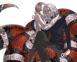 Rule 34 | 1boy, 1girl, absurdres, arms around neck, bare shoulders, black scales, blonde hair, braid, braided ponytail lamia (dungeon meshi), coiled, dungeon meshi, elf, forehead jewel, grey eyes, grey hair, hair over shoulder, highres, hug, lamia, long hair, long sleeves, medium hair, mithrun, monster girl, oejikim, pants, pointy ears, red scales, scales, shirt, simple background, single braid, sleeveless, tail, white scales