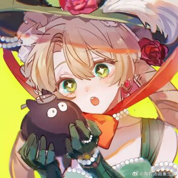 +_+ 1girl :o bare_shoulders blonde_hair bow carbuncle_(reverse:1999) chinstrap creature dress drill_hair earrings elbow_gloves flower gloves green_dress green_eyes green_hat grey_gloves haibao_tangyuan hands_up hat hat_feather hat_flower holding holding_creature jewelry low_twintails open_mouth orange_bow portrait red_flower red_rose reverse:1999 rose sleeveless sleeveless_dress solo sotheby twin_drills twintails watermark weibo_watermark yellow_background