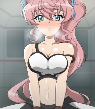 1girl a_k_g_e_0325 between_breasts blush breasts butterfly_hair_ornament collarbone crop_top embarrassed hair_ornament hair_wings highres jewelry large_breasts long_hair looking_at_viewer loose_clothes maria_cadenzavna_eve midriff navel open_mouth pendant pink_hair pov senki_zesshou_symphogear sidelocks sleeveless smile solo sportswear steaming_body stomach sweatdrop