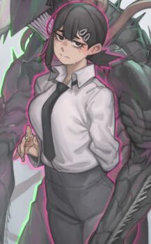 1girl absurdres black_eyes black_hair black_legwear black_necktie breasts chainsaw_devil chainsaw_man closed_mouth collared_shirt hair_ornament hairclip half-closed_eyes higashiyama_kobeni highres kelvin_hiu long_sleeves medium_breasts mole mole_on_cheek mole_under_eye monster necktie pants ponytail sharp_teeth shirt shirt_tucked_in short_ponytail sweatdrop teeth