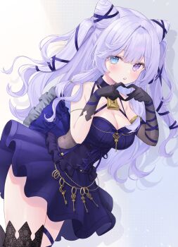 1girl absurdres bare_shoulders bell black_choker black_gloves black_thighhighs blue_eyes breasts choker cleavage commentary commission cone_hair_bun double_bun dress frilled_dress frills gloves hair_bun halterneck heart heart_hands heterochromia highres key large_breasts long_hair looking_at_viewer original parted_lips purple_dress purple_eyes purple_hair shano_hiyori skeb_commission sleeveless sleeveless_dress solo spaghetti_strap thighhighs thighs wavy_hair zettai_ryouiki