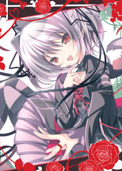 1girl :d \||/ black_choker black_dress black_hairband black_ribbon blush cat_tail choker commentary_request dress dress_flower eyes_visible_through_hair fang feet_out_of_frame flower frilled_choker frilled_dress frills from_side gothic_lolita grey_hair hair_between_eyes hair_intakes hair_ribbon hairband hand_up hapymaher heart heart_of_string highres juliet_sleeves knees_up lolita_fashion long_ribbon long_sleeves looking_at_viewer medium_hair naitou_maia open_mouth puffy_sleeves red_eyes red_flower red_ribbon red_rose ribbon rose simple_background sitting skin_fang slit_pupils smile solo string string_of_fate striped_clothes striped_thighhighs sukonbu385 tail thighhighs two_side_up watermark white_background wide_sleeves
