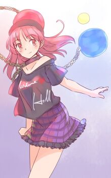 Rule 34 | 1girl, black choker, black hat, black shirt, blush, chain, choker, collarbone, commentary request, earth (ornament), feet out of frame, frilled skirt, frills, gold chain, hat, hecatia lapislazuli, long hair, moon (ornament), multicolored skirt, one-hour drawing challenge, outstretched arm, plaid clothes, plaid skirt, purple background, rangycrow, red eyes, red hair, shirt, sideways glance, single off shoulder, skirt, smile, solo, t-shirt, thighs, touhou, underworld (ornament)