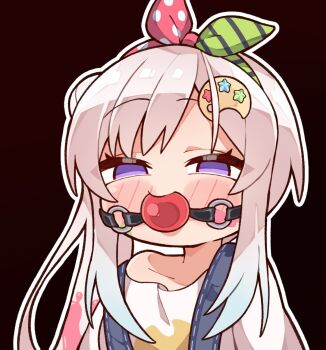 1girl airani_iofifteen ball_gag blush bow commentary english_commentary gag gagged hair_bow highres hololive kukie-nyan long_hair outline purple_eyes shirt simple_background single_bare_shoulder solo suspenders upper_body white_hair white_outline white_shirt