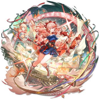 1girl arknights billboard blue_dress bubble dress earrings fish full_body gloves goldfish gradient_hair haruka_(arknights) highres holding holding_staff jacket jewelry long_sleeves looking_at_viewer multicolored_hair official_art one_eye_closed orange_hair pigeon-toed pink_eyes pink_hair pointy_ears red_gloves solo staff stage tachi-e transparent_background wenquangua white_jacket