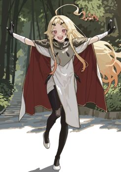 1girl ahoge armor bandaged_arm bandages black_gloves black_pantyhose blonde_hair breastplate cloak commentary day fiery_hair fingerless_gloves floating_hair forest full_body gloves gold_trim gradient_hair h4sh1rnoto hair_intakes hair_ornament hairclip highres huge_ahoge light_blush long_hair long_sidelocks multicolored_hair nature neck_armor open_mouth outdoors outstretched_arms pantyhose parted_bangs pink_eyes red_cloak shoulder_armor sidelocks sketch_background smile spread_arms standing standing_on_one_leg teeth teoritta two-sided_cloak two-sided_fabric two-tone_cloak upper_teeth_only very_long_hair white_cloak yuushakei_ni_shosu
