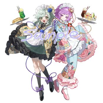 2girls apron blue_flower blue_kimono blue_rose blue_shirt bow buttons cake carbonara_hontyotyo diamond_button drink eyeball floral_print flower food frilled_shirt_collar frilled_sleeves frills fruit full_body green_hair green_skirt hair_flower hair_ornament hairband hairpin hat hat_bow hat_ribbon heart heart_of_string highres japanese_clothes kimono komeiji_koishi komeiji_satori looking_at_viewer maid_apron maid_headdress multiple_girls pancake pink_eyes pink_hair ribbon rose rose_print sample_watermark shirt siblings sisters skirt smile third_eye touhou tray watermark yellow_bow yellow_ribbon yellow_shirt