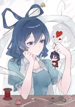 1girl artist_collaboration blue_dress blue_eyes blue_hair breasts character_charm charm_(object) closed_mouth commentary_request corrupted_twitter_file dress drill_hair drill_sidelocks hagoromo hair_ornament hair_rings hair_stick hanaya_(fleur) heart highres kaku_seiga medium_breasts medium_hair miyako_yoshika needle open_clothes open_vest puffy_short_sleeves puffy_sleeves scissors shawl short_sleeves sidelocks smile touhou vest white_vest yuuren_kyouko zoom_layer