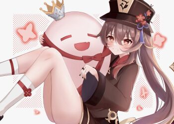 1girl blush boo_tao_(genshin_impact) bow bowtie brown_hair brown_pants brown_shirt crown flower flower-shaped_pupils genshin_impact hair_between_eyes hat hat_flower highres hu_tao_(genshin_impact) komor_yuki long_hair long_sleeves looking_at_viewer mini_crown pants red_bow red_bowtie red_eyes red_ribbon ribbon shirt smile symbol-shaped_pupils tassel teeth thighhighs twintails white_thighhighs