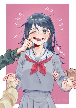 4girls absurdres black_hair blue_eyes blush border breasts cheek_pinching collarbone commentary cowboy_shot english_commentary flying_sweatdrops grey_serafuku grey_shirt grey_skirt hair_between_eyes highres hinomori_shiho holding_another&#039;s_arm holding_hands hoshino_ichika_(project_sekai) interlocked_fingers leo/need_(project_sekai) long_hair long_sleeves miyamasuzaka_girls&#039;_academy_school_uniform mochizuki_honami multiple_girls neckerchief one_eye_closed open_mouth out_of_frame outside_border pinching pink_background pleated_skirt polyamory project_sekai rakatzki red_neckerchief sailor_collar school_uniform serafuku shirt sidelocks simple_background skirt small_breasts smile solo_focus sweatdrop teeth tenma_saki twitter_username watermark white_border white_sailor_collar yuri