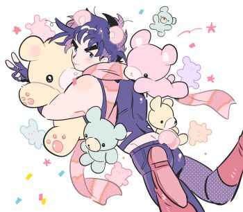 1boy animal_ears battle_tendency bear_ears bear_tail ben-day_dots black_gloves black_pants black_shirt blue_eyes blush_stickers boots brown_hair closed_mouth commentary_request confetti fingerless_gloves gloves gogeyama highres holding holding_stuffed_toy jojo_no_kimyou_na_bouken joseph_joestar joseph_joestar_(young) kemonomimi_mode looking_back male_focus pants red_boots red_scarf scarf screentones shirt short_hair sideways_glance sleeveless sleeveless_shirt solo star_(symbol) striped_clothes striped_scarf stuffed_animal stuffed_toy tail teddy_bear thick_eyebrows v white_background