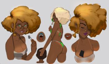 Rule 34 | afro, ass, bikini, blonde hair, breasts, cleavage, daniela, dark skin, earrings, face piercing, glasses, hoop earrings, jewelry, moitasart, nose piercing, original, piercing, sketch, swimsuit, tongue piercing