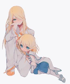 2boys absurdres black_bodysuit blonde_hair blue_eyes blush bodysuit bracelet chest_jewel dual_persona hair_over_one_eye head_rest highres jacket jewelry long_hair long_sleeves looking_at_another male_focus mithos_yggdrasill multiple_boys nancykittyu open_mouth pants simple_background sitting smile tales_of_(series) tales_of_symphonia white_background white_jacket