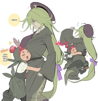 2girls :d ^_^ age_difference ahoge ankle_boots annoyed bare_arms black_boots black_gloves black_overalls boots bow breasts closed_eyes coat collared_shirt commentary_request cookie_run cookie_run:_witch&#039;s_castle cropped_legs feet_out_of_frame flying_sweatdrops from_side full_body gloves green_hair green_headscarf grey_coat hair_between_eyes hair_bow hair_bun half-closed_eyes hat headscarf highres hug humanization korean_commentary korean_text large_breasts long_hair long_sleeves looking_at_another low-tied_long_hair multiple_girls multiple_views ohta_guk_hip open_clothes open_coat open_mouth overalls profile purple_bow purple_eyes purple_hat purple_sweater radish_cookie red_hair rosemary_cookie shirt short_hair short_sleeves simple_background single_hair_bun smile standing sweatdrop sweater translation_request very_long_hair white_background white_shirt wide_sleeves