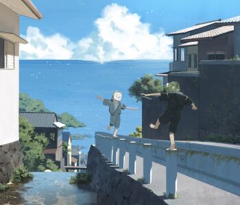 2boys balancing barefoot blue_sky building child cloud day dog_mask highres horizon kusamie male_focus mask multiple_boys ocean original outdoors outstretched_arms plant scenery sky spread_arms town vines water