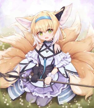 1girl animal_ear_fluff animal_ears arknights black_collar black_gloves blonde_hair blue_hairband blurry blurry_background blurry_foreground braid collar commentary dress earpiece english_commentary flower fox_ears fox_girl fox_tail frilled_dress frilled_sleeves frills gloves green_eyes hairband highres holding holding_staff infection_monitor_(arknights) kitsune kyl490 kyuubi lily_of_the_valley looking_at_viewer material_growth multicolored_hair multiple_tails name_connection object_namesake off-shoulder_dress off_shoulder open_mouth oripathy_lesion_(arknights) pantyhose purple_dress purple_pantyhose seiza short_hair single_glove sitting solo staff suzuran_(arknights) tail two-tone_hair white_hair wrist_cuffs