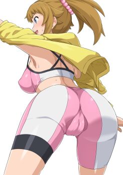 1girl ass bike_shorts blue_eyes breasts brown_hair cameltoe commentary_request covered_erect_nipples fat_mons from_behind gundam gundam_build_fighters gundam_build_fighters_try hair_ornament hair_scrunchie haruhisky highres hood hoodie hoshino_fumina large_breasts light_blush open_mouth outstretched_arms pink_scrunchie ponytail profile scrunchie short_hair simple_background smile solo sports_bra strap_gap sweatdrop two-tone_sports_bra white_background yellow_hoodie