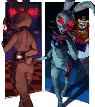 1girl :d absurdres alpineping animal_costume animal_ears arm_behind_back artist_name blue_bow blue_bowtie bow bowtie buck_teeth can cellphone chair character_doll checkered_floor commentary crushed_can doll drink_can english_commentary exit_sign eyelashes facing_away fake_animal_ears fake_tail five_nights_at_freddy's five_nights_at_freddy's:_security_breach from_behind glamrock_freddy glowing glowing_eyes hand_up highres holding holding_knife holding_phone knife looking_at_viewer multiple_views open_mouth patchwork_clothes phone pizza_box rabbit_costume rabbit_ears rabbit_tail red_eyes shadow smartphone smile soda_can spotlight standing tail teeth tile_floor tiles upper_teeth_only vanny_(fnaf)