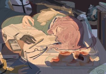 1boy 2girls anpan armor asaba_harumasa book cellphone child's_drawing closed_eyes closed_mouth covering_with_blanket food glasses gloves hoshimi_miyabi japanese_armor long_hair map multiple_girls paperwork partially_fingerless_gloves pen phone pink_hair shoulder_armor sleeping smartphone sode soukaku_(zenless_zone_zero) tray tsukishiro_yanagi unworn_eyewear user_txet2827 zenless_zone_zero