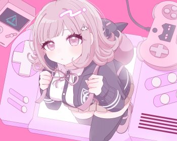 Rule 34 | 1girl, blush, breasts, brown hair, chi gu, collared shirt, commentary request, controller, danganronpa (series), danganronpa 2: goodbye despair, flipped hair, game controller, hair ornament, handheld game console, highres, hood, jacket, long sleeves, looking at viewer, medium hair, mini person, minigirl, nanami chiaki, neck ribbon, open clothes, open jacket, pink eyes, pink ribbon, pleated skirt, ribbon, shirt, skirt, smile, solo, thighhighs, white shirt