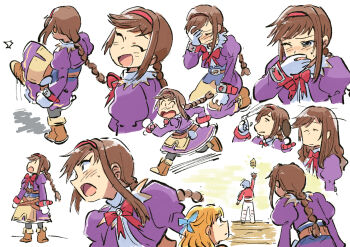 belt black_pantyhose blonde_hair blue_eyes blush boots bow braid brown_belt brown_boots brown_hair brushing_hair closed_eyes coat coughing dress gloves hair_ribbon hair_spray hairband hand_on_own_face jet_enduro juliet_sleeves kicking kneeling long_hair long_sleeves looking_back maya_schrodinger multiple_girls one_eye_closed open_mouth pantyhose puffy_sleeves purple_dress red_bow red_hairband ribbon running short_hair sick sidelocks simple_background smile tsubobot virginia_maxwell white_background white_gloves wild_arms wild_arms_3