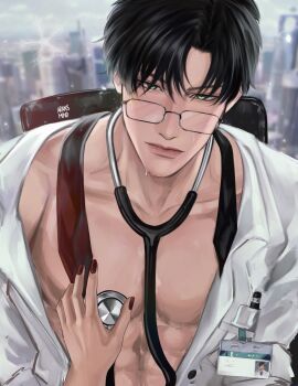 Rule 34 | 1boy, aransmind, artist name, black hair, blurry, blurry background, building, closed mouth, coat, doctor, green eyes, highres, holding, holding stethoscope, ibispaint (medium), lab coat, love and deepspace, male focus, necktie, official alternate costume, open clothes, open coat, rectangular eyewear, sitting, skyscraper, stethoscope, sweatdrop, unworn necktie, zayne (love and deepspace)