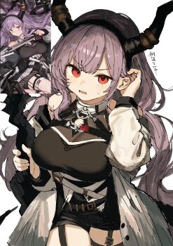 1girl above-cleavage_cutout absurdres annoyed arknights bare_shoulders belt black_hairband black_horns black_tail bow_(weapon) breasts clothing_cutout coat compound_bow cowboy_shot delfino furrowed_brow hairband hands_up highres holding holding_bow_(weapon) holding_weapon horn_ornament horns large_breasts long_hair long_sleeves looking_at_viewer off-shoulder_coat off_shoulder open_mouth purple_hair red_eyes simple_background solo sweatdrop tail thigh_belt thigh_strap typhon_(arknights) very_long_hair weapon white_background white_coat