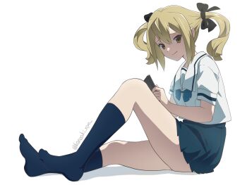 1girl blonde_hair blue_skirt blue_socks bow chest_bow chuo_tanegashima_high_school_uniform closed_mouth full_body highres holding holding_tablet_pc kanzaki_nyo kneehighs koujiro_frau long_hair looking_at_viewer miniskirt no_shoes pleated_skirt robotics;notes sailor_collar school_uniform science_adventure shirt short_sleeves simple_background sitting skirt smile socks solo tablet_pc twintails white_background white_shirt yellow_eyes