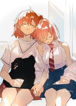 2girls absurdres ahoge artist_name bloom blue_skirt brown_skirt commentary_request diagonal-striped_clothes diagonal-striped_necktie facing_down facing_up fate/grand_order fate_(series) fujimaru_ritsuka_(female) hair_between_eyes hair_over_one_eye hand_on_lap highres holding_hands interlocked_fingers leaning_on_person legs_together mash_kyrielight medium_hair miniskirt multiple_girls nasubi_illust necktie off_shoulder official_alternate_costume orange_hair overlighting parted_lips pink_hair red_necktie shirt short_hair short_sleeves sitting skirt sleeping sleeveless sleeveless_shirt striped_clothes white_shirt wing_collar