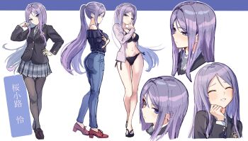 1girl ^_^ ass bikini black_bikini blush breasts closed_eyes denim frilled_shirt frills hair_between_eyes highres iyashigorira12 jeans long_hair looking_at_viewer medium_breasts multiple_expressions multiple_views navel off-shoulder_shirt off_shoulder original pants pantyhose parted_bangs pleated_skirt ponytail purple_eyes purple_hair reference_sheet shirt shoes skirt swimsuit