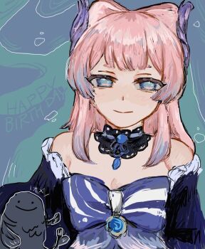 1girl bare_shoulders black_choker blue_background blue_bow blue_dress blue_eyes blue_gem blue_hair blue_sleeves blunt_bangs bow bubble chest_bow choker closed_mouth commentary_request detached_sleeves dress english_text gem genshin_impact gradient_hair green_background hair_ornament happy_birthday jewelry lace lace_choker long_hair long_sleeves looking_at_viewer multicolored_hair pendant pink_hair sangonomiya_kokomi sidelocks sleeveless sleeveless_dress smile solo sparkling_eyes strapless strapless_dress striped_bow two-tone_background two-tone_hair upper_body vision_(genshin_impact) wide_sleeves yorugata_0210