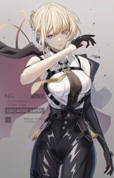 1girl absurdres arm_strap artist_name black_pants blonde_hair breasts chest_harness commentary elbow_gloves evelyn_chevalier gloves hair_up half_gloves harness high-waist_pants highres jacket jacket_on_shoulders large_breasts long_ribbon mole mole_under_eye nagae_yama necktie pants purple_eyes see-through_cleavage see-through_clothes simple_background single_elbow_glove single_half_glove solo tight_clothes tight_pants uneven_bangs white_background yellow_necktie zenless_zone_zero