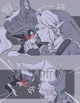 ! !! 1boy 1girl angry arm_markings arm_tattoo bad_tag bonk earrings embarrassed failure fangs fingerless_gloves floating giant_fist gloves grabbing_another&#039;s_chin greyscale hand_on_another&#039;s_chin height_difference helmet hetero highres hitting imminent_kiss imp jewelry kiss leather leather_gloves levitation link midna monochrome nintendo one_eye_covered pichichustudio pointy_ears pointy_hat ponytail prehensile_hair scabbard sheath sidelocks single_earring size_difference smile spot_color surprise_kiss surprised tattoo the_legend_of_zelda the_legend_of_zelda:_twilight_princess tsundere tunic upper_body