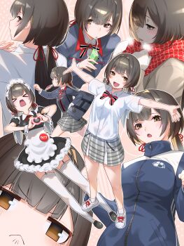 >_< 1girl absurdres amy_(nikke) bag black_dress black_hair black_jacket black_shirt bread bread_slice brown_eyes brown_jacket closed_eyes closed_mouth commentary_request dress drink_carton food food_in_mouth frown fune_(fune83ojj) goddess_of_victory:_nikke grey_skirt highres jacket juice_box looking_at_viewer maid medium_hair mouth_hold outstretched_arms plaid_clothes plaid_skirt red_scarf running scarf school_bag school_uniform shirt short_sleeves skirt smile spread_arms standing toast toast_in_mouth white_shirt