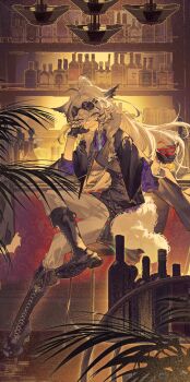 1girl alcohol animal_ears arknights bar_(place) black_boots black_gloves blue_eyes boots bottle commentary_request cup drinking_glass elbow_rest eyewear_on_head figure_four_sitting gloves grin head_rest highres holding holding_cup indoors lace-up_boots lappland_(arknights) lappland_the_decadenza_(arknights) lappland_the_decadenza_(unruly_humbleness)_(arknights) long_hair looking_at_viewer pants red_wine scar scar_across_eye scar_on_face sitting smile solo sunglasses wine wine_bottle wine_glass wolf_ears wolf_girl yang_lizi