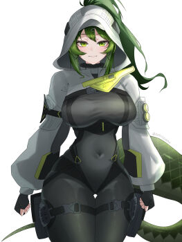 1girl absurdres arknights arknights:_endfield black_bodysuit black_gloves bodysuit breasts commentary covered_navel english_commentary fingerless_gloves fluorite_(arknights) gloves green_hair green_tail hair_through_hood highres hood hood_up hooded_shrug impossible_bodysuit impossible_clothes light_smile lizard_tail looking_at_viewer medium_breasts reptile_girl shrug_(clothing) simple_background snake_girl snake_tail solo tail white_background white_shrug windowtoto