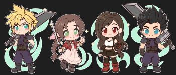 2boys 2girls aerith_gainsborough aqua_eyes armor armored_gloves baggy_pants bangle bare_shoulders belt black_background black_boots black_bra black_hair black_skirt black_thighhighs blonde_hair blue_pants blue_shirt blush_stickers boots bra bracelet braid braided_ponytail brown_belt brown_boots brown_hair buster_sword chibi chibi_only choker closed_mouth cloud_strife crop_top cropped_jacket dress earrings elbow_gloves elbow_pads final_fantasy final_fantasy_vii final_fantasy_vii_rebirth final_fantasy_vii_remake fingerless_gloves full_body gloves green_eyes hair_between_eyes hair_ribbon hair_slicked_back hand_on_own_hip highres holding holding_staff holding_sword holding_weapon jacket jewelry lifestream light_frown long_dress long_hair low-tied_long_hair midriff miniskirt multiple_belts multiple_boys multiple_girls over_shoulder pants parted_bangs pauldrons pink_dress pink_ribbon pleated_skirt punziebunnie red_boots red_eyes red_jacket ribbon shirt short_hair shoulder_armor sidelocks single_bare_shoulder single_braid single_elbow_pad single_pauldron skirt sleeveless sleeveless_shirt sleeveless_turtleneck smile sparkle spiked_hair sports_bra staff suspenders swept_bangs sword sword_over_shoulder thighhighs tifa_lockhart turtleneck underwear v weapon weapon_over_shoulder white_shirt zack_fair