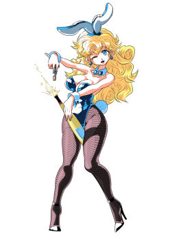 Rule 34 | 1girl, ;d, alcohol, animal ear hairband, animal ears, black pantyhose, black shoes, blonde hair, blue eyes, blue gem, blue leotard, blue nails, bottle, bottle between thighs, breasts, champagne, champagne bottle, cleavage, commentary request, corkscrew, curly hair, detached collar, dragon quest, dragon quest iii, earrings, fake animal ears, fake tail, fishnet pantyhose, fishnets, full body, gadabout (dq3), gem, hairband, high heels, highres, holding, holding bottle, jewelry, large breasts, leotard, long hair, looking at viewer, mochimochinpo, one eye closed, open mouth, pantyhose, playboy bunny, rabbit ears, rabbit tail, shoes, smile, solo, sphere earrings, strapless, strapless leotard, tail, white background, wrist cuffs