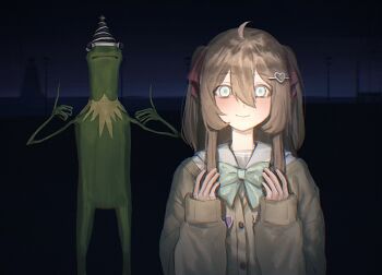 1boy 1girl ahoge badge blue_eyes blue_sailor_collar blush bow bowtie button_badge cardigan closed_mouth commentary dgucedunno english_commentary green_bow green_bowtie hair_between_eyes hair_ornament hat heart heart_hair_ornament highres kermit_the_frog long_hair long_sleeves looking_at_viewer muppets neuro-sama night outdoors sailor_collar smile thumbs_up two_side_up upper_body vedal987 vedal_ai virtual_youtuber yellow_cardigan