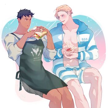 2boys absurdres ao_isami apple_rabbit apron bara black_hair blonde_hair blue_eyes blue_pajamas blush commentary_request food food_art green_apron highres lewis_smith llld_(2ldk1241) male_focus multiple_boys pajamas sandwiched shorts smile sweater yaoi yuuki_bakuhatsu_bang_bravern