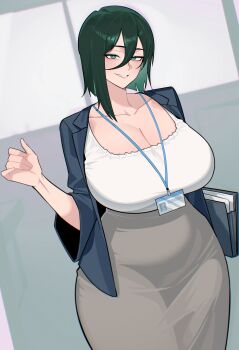 1girl absurdres asymmetrical_hair black_jacket breasts bright_pupils brown_skirt cleavage collarbone double-parted_bangs folder green_eyes green_hair hair_between_eyes highres holding holding_folder huge_breasts id_card jacket lanyard long_hair_between_eyes long_skirt looking_at_viewer mole mole_under_eye nokaa_aru office_lady original parted_lips shirt shirt_tucked_in short_hair skirt smile solo white_pupils white_shirt