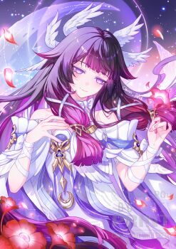 1girl absurdres artist_name bare_shoulders chinnpou closed_mouth columbina_(genshin_impact) commentary dress fingernails flower genshin_impact gradient_hair hair_ornament hands_up hashtag-only_commentary highres holding holding_flower light_smile long_hair multicolored_hair petals purple_eyes purple_hair red_flower red_petals solo upper_body watermark white_dress wing_hair_ornament