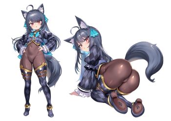 1girl ahoge animal_ear_fluff animal_ears ass bent_over black_hair black_shrug black_thighhighs bodysuit bow bowtie breasts brown_bodysuit cameltoe covered_navel coyomin hair_ribbon highres long_hair long_sleeves looking_at_viewer looking_back multiple_views open_mouth petite red_eyes ribbon shrug_(clothing) sidelocks small_breasts svartlilja_(vrchat) tail thighhighs vrchat wolf_ears wolf_girl wolf_tail