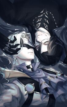 2boys ascot asgx_7135 black_gloves black_hair black_shirt cape closed_eyes closed_mouth covered_eyes dottore_(genshin_impact) genshin_impact glasses gloves hashtag-only_commentary highres jewelry male_focus mask multiple_boys multiple_rings pantalone_(genshin_impact) parted_hair ring shirt smile upper_body white_hair