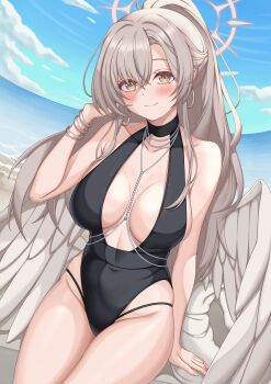 1girl absurdres angel_wings beach black_one-piece_swimsuit blue_archive blue_sky brown_hair cloud commentary_request covered_navel feathered_wings halo highres low_wings nagisa_(blue_archive) nagisa_(swimsuit)_(blue_archive) official_alternate_costume official_alternate_hairstyle one-piece_swimsuit pcreambang sand sky smile solo swimsuit water white_wings wings yellow_eyes yellow_halo