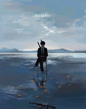 1boy ak-47 assault_rifle black_hair black_jacket black_necktie black_pants bullet chainsaw_man chair commentary copyright_name crossed_legs formal_clothes gun hands_on_lap hayakawa_aki highres jacket kalashnikov_rifle male_focus necktie null_(skev7724) on_chair outdoors pants rifle shell_casing shoes short_hair sitting sky solo suit sword sword_on_back topknot water weapon weapon_on_back white_shoes wide_shot