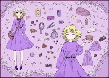 1girl :o bag bamboo_shoot belt black_belt black_cat black_shoes blonde_hair blush book bow bowtie brown_bag cat cellphone clock closed_eyes closed_mouth dress flower flower_request food fruit fushianatan grapes handbag hat heart highres long_sleeves makeup maribel_hearn mob_cap notice_lines open_mouth peach phone purple_bag purple_bow purple_bowtie purple_dress purple_eyes shirt shoes short_hair skirt smartphone smile solo squiggle star_(symbol) teapot touhou wallet white_hat