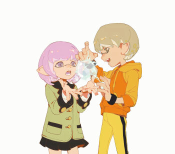 2girls absurdres androgynous black_skirt blonde_hair bracelet brown_eyes brown_jacket commentary_request creamyghost electricity electrokinesis highres hood hood_down hoodie huang_pao-lin inkling jacket jewelry lara_tchaikoskaya long_sleeves multiple_girls nintendo open_mouth orange_hoodie pants pointy_ears purple_eyes purple_hair reverse_trap short_hair simple_background skirt splatoon_(series) teeth tiger_&amp;_bunny tomboy very_short_hair white_background yellow_pants